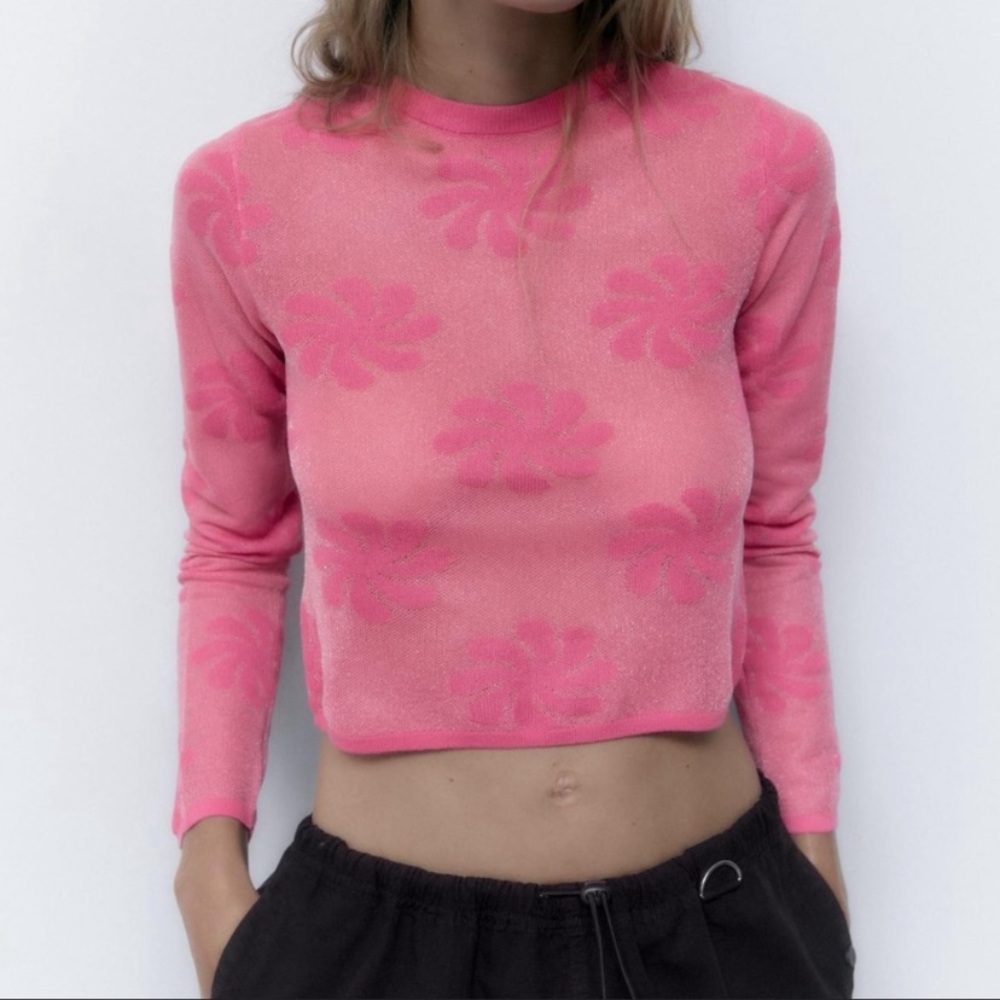 ZARA Floral Knit Semi Sheer Sweater Women Color Pink Size S Small NEW